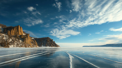 Wall Mural - Frozen lake baikal reflecting dramatic cloudscape at sunset
