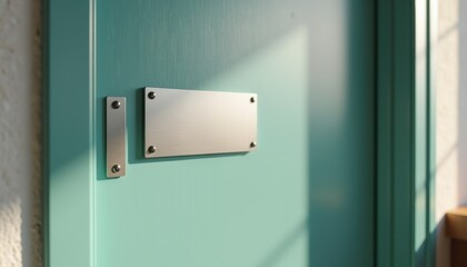 Poster - Modern teal door with metallic nameplate reflecting sunlight  