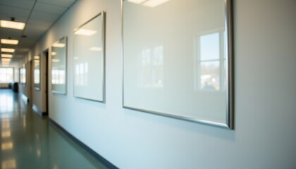 Poster - Empty frames on a corridor wall in a modern office setting  