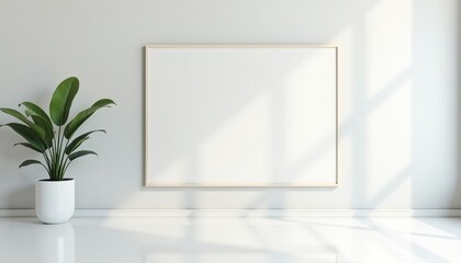 Poster - Minimalist interior with empty frame and potted plant in sunlight -  