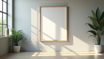 Poster - Minimalist interior with empty frame and sunlight shadows  