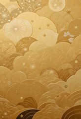 Poster - Golden Japanese Texture, Cloud-like Shapes, And Geometric Motifs Create An Elegant And Tranquil Background. Warm Tones, Intricate Designs, And Gentle Waves Offer Visual Appeal. A Stunning Backdrop.