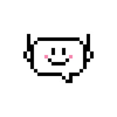 Poster - Cute bot support service pixel art icon. Smiling speech bubble. Communication. Chatbot 8bit emoji. Vintage retro sticker. Editable pixel vector illustration. Game abstract element. Y2k geometric shape