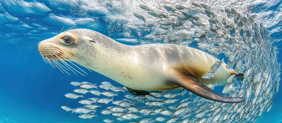 underwater sea lion swimming among a school of fish.