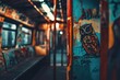© Anjali - Graffiti-covered subway car interior with a vibrant owl mural on a rusty pillar.