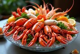 vibrant seafood display ice platter fresh shellfish colorful arrangement assorted crustaceans tentacles claws elegant presentation, cocktail, sushi, tuna