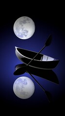 Wall Mural - a black canoe is floating on a body of water. the canoe is in the middle of the image