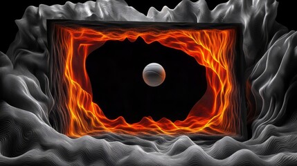 Wall Mural - a black and white image of a sphere in a black hole. the sphere is surrounded by a bright orange glo