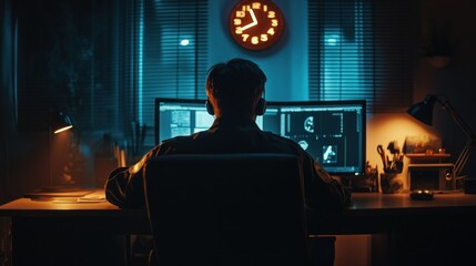 Nighttime coder works late at home office, dual monitors glow