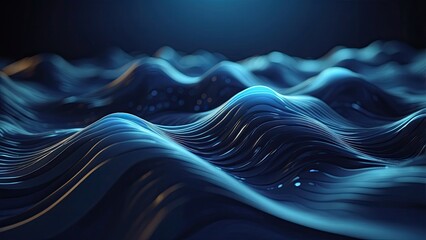 Abstract digital landscape with blue wavy lines converging towards the horizon under a dark