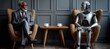 © MD Media - AI robot sitting on a chair next to an elderly man with coffee, both waiting for a job interview. AI vs human concept.Technology coexisting people professional environment artificial intelligence