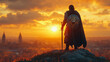 © Your Hand Please - Silhouette of a warrior atop a hill at sunrise, holding sword and shield, symbolizing leadership, courage, and faith like Joshua, overlooking a blurred modern battlefield below.