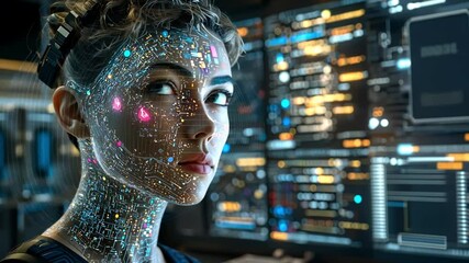 Data scientist analyzes code displayed onscreen digitally detailed scene