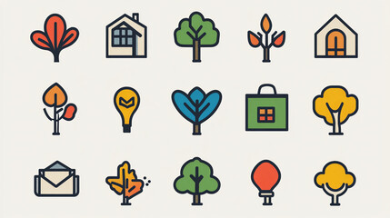 Poster - Vector icons set nature elements houses trees leaves bulb mail bag design graphic elements for web design