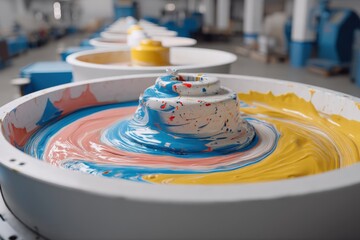 Poster - A dynamic mixing process in an industrial setting with colorful paint swirled in a vat, highlighting blue, pink, and yellow hues, creating an abstract and artistic pattern.