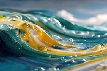 Poster - a captivating close-up of swirling acrylic paint in shades of blue, green, yellow, and white, formin