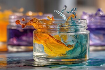 Poster - Dynamic color splash in a glass jar, featuring vibrant orange and teal inks creating an energetic, abstract design with a sense of movement and artistic flair.