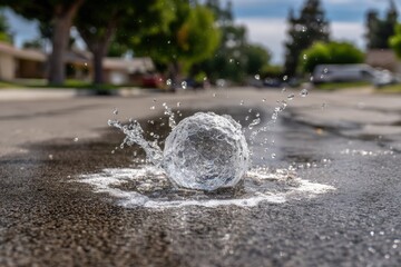 Poster - a dynamic splash of water erupts around a clear ball on a wet street, capturing the fleeting beauty 