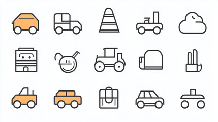 Poster - Vector icons set of transportation and other objects for designs and creative projects, line art style