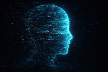 Poster - Digital human head in profile: abstract tech concept with glowing lines and particles