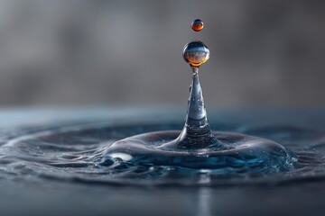 Poster - captivating macro shot of a water drop impacting a surface, creating intricate ripples and a reflect