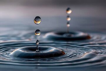 Poster - mesmerizing macro shot of water droplets cascading into a pool, creating ripples and reflections, ca