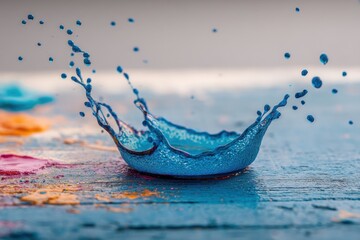 Poster - spectacular macro photography capturing the dynamic splash of blue liquid, forming a crown shape on 