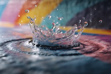 Poster - Close-up of a water crown splash with droplets against a vibrant rainbow background, capturing a fleeting moment of fluid dynamics, creating an artistic image.