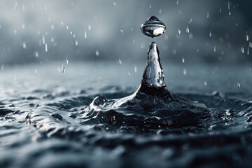 Poster - close-up shot of water droplets falling into a body of water creating a splash and ripples, in a mon