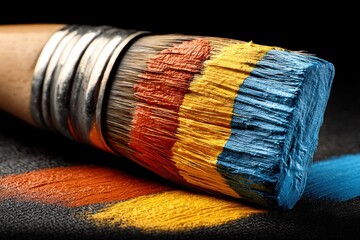 Poster - Macro shot of a colorful paintbrush with vibrant orange, yellow and blue paints, creating textured strokes on a dark background, artistic expression concept.