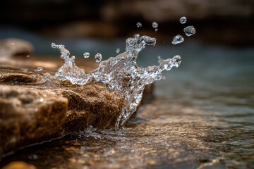 Poster - Captivating close-up capturing water splashing against a textured rock, highlighting motion, light, and nature's fluid dynamics, with captivating clarity and detail.