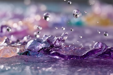 Poster - a mesmerizing macro shot showcasing splashes and droplets of vibrant purple liquid, capturing the dy