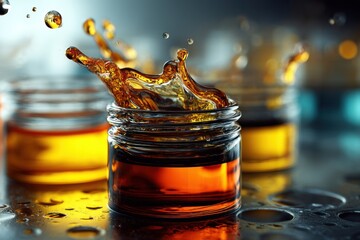 Poster - captivating splash of golden liquid frozen in time as it overflows from a glass jar with depth of fi
