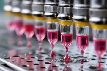 Poster - Close-up of precision dispensing equipment applying liquid in a controlled setting, showcasing automation and accurate liquid handling process, scientific advancement.
