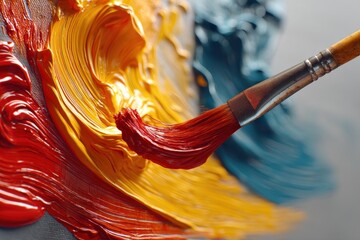Poster - close-up of a paintbrush applying vibrant red, yellow, and blue oil paint strokes on canvas, showcas