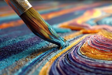 Poster - close-up of a paintbrush applying vibrant strokes of blue, orange, yellow and purple paint on a text