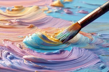 Poster - a paintbrush creating a textured abstract painting with soft pastel colors and fluid lines, featurin