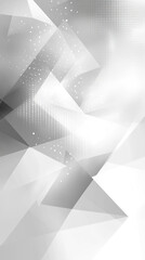 Poster - Abstract tech banner with white textured background, layered geometric triangles, and glossy grey squares. Modern design with striped elements, symbolizing clarity, innovation, and structure.

