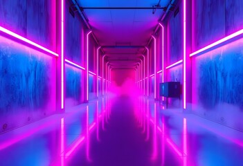 Poster - Neon Corridor, Modern Architecture, Vibrant Illumination. Polished Floors Enhance The Pink And Blue Hues. Fog Creates An Ethereal Immersive Space, Industry Style Walls Make It Futuristic And