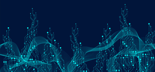 Fototapete - Artificial Intelligence or machine learning vector design. Quantum computer technology concept with circuit board and motherboard texture background design. Waves flow quantum explosion