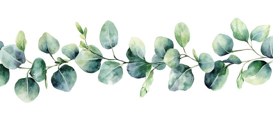 Poster - Watercolor eucalyptus leaves garland illustration on a white background, simple watercolor painting clip art, soft green and gray colors, isolated on a pure white background, clipart.