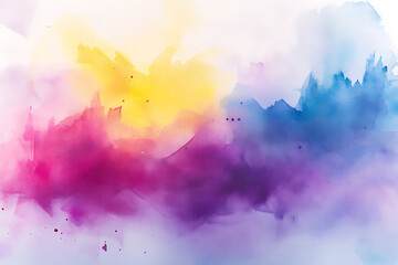 Poster - Watercolor background, white canvas with soft pastel colors, painted with paintbrushes, watercolor, blurred edges, purple and blue, yellow, pink.