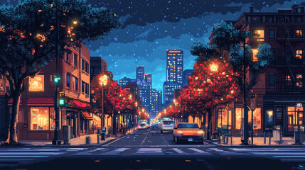 Poster - Night city street pixel art wallpaper aesthetic background cityscape urban scene downtown buildings