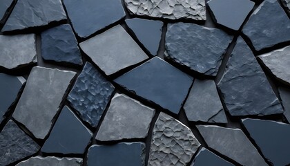 Poster - Dark Blue Stone Texture, Slate Tiles, Rough Surface. Natural Stone Pieces Create Depth, Overlap. Sophisticated Ruggedness For Architectural Backgrounds. Design Element.