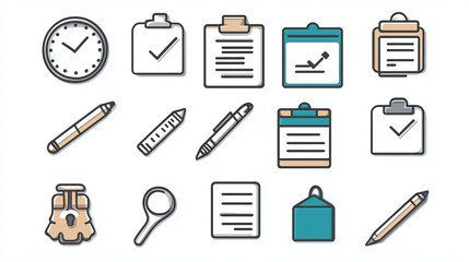 Poster - clipboard checklist clock document magnifier pen pencil ruler schedule tools vector icons set design