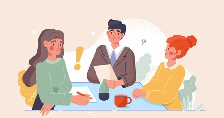 Poster - Business meeting. Moving banner with team of entrepreneurs or office workers discussing project at conference. Group of diverse business people having discussion. Cartoon flat animated graphics