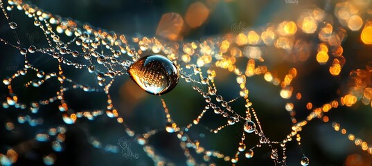 
Celebrate awe-inspiring artistry of a spiderweb adorned with a glistening dewdrop, showcasing intricate strands, sparkling droplet, and enchanting symbiosis between arachnid and its surroundings

