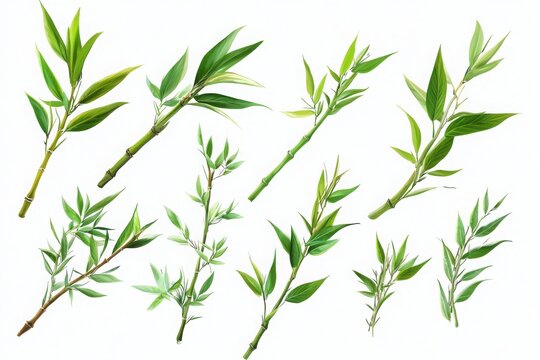 Green 9 pieces bamboo stalks and leaves isolated on white background