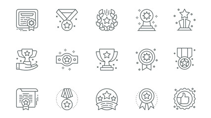 Poster - Achievement icons set in outline stroke design for web. Pack line pictograms with diploma, medal, laurel wreath, trophy award, prize, badge, golden cup, success, winning, other. Vector illustration.