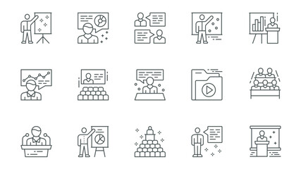 Poster - Business conference icons set in outline stroke design for web. Pack line pictograms with speaker, businessman, presentation, discussion, team meeting, audience, training, other. Vector illustration.